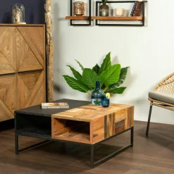 Table basse carrée bois recyclé de bateau métal DUMAI