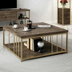 Table basse carrée effet bois foncé & structure dorée JENA