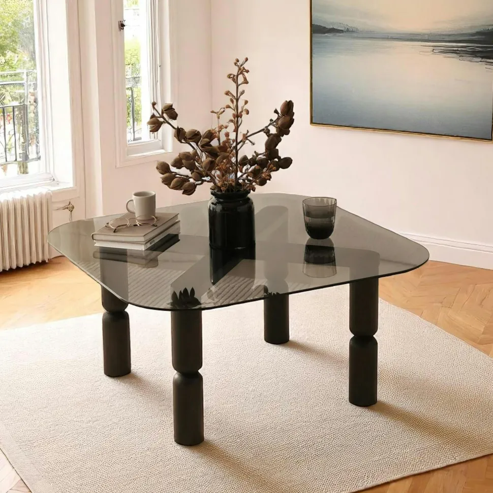 Table basse carrée en verre - pieds bois sculpté BOMA