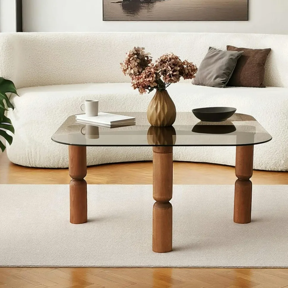 Table basse carrée en verre - pieds bois sculpté BOMA