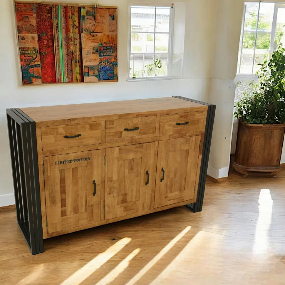 Table basse carrée hévéa recyclé naturel et métal noirci 2 plateaux 90X90X45cm DOCKER