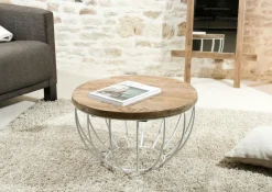 Table basse ronde teck recyclé métal blanc D 80 cm SWING