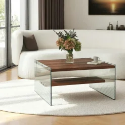 Table basse verre et bois - plateaux marrons suspendus LHASA
