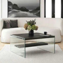 Table basse verre et bois - plateaux bruns suspendus LHASA
