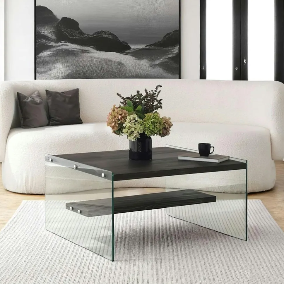 Table basse verre et bois - plateaux clairs suspendus LHASA