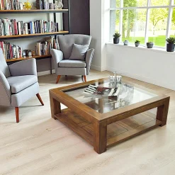 Table basse vitrée hévéa 80X80xm HELENA