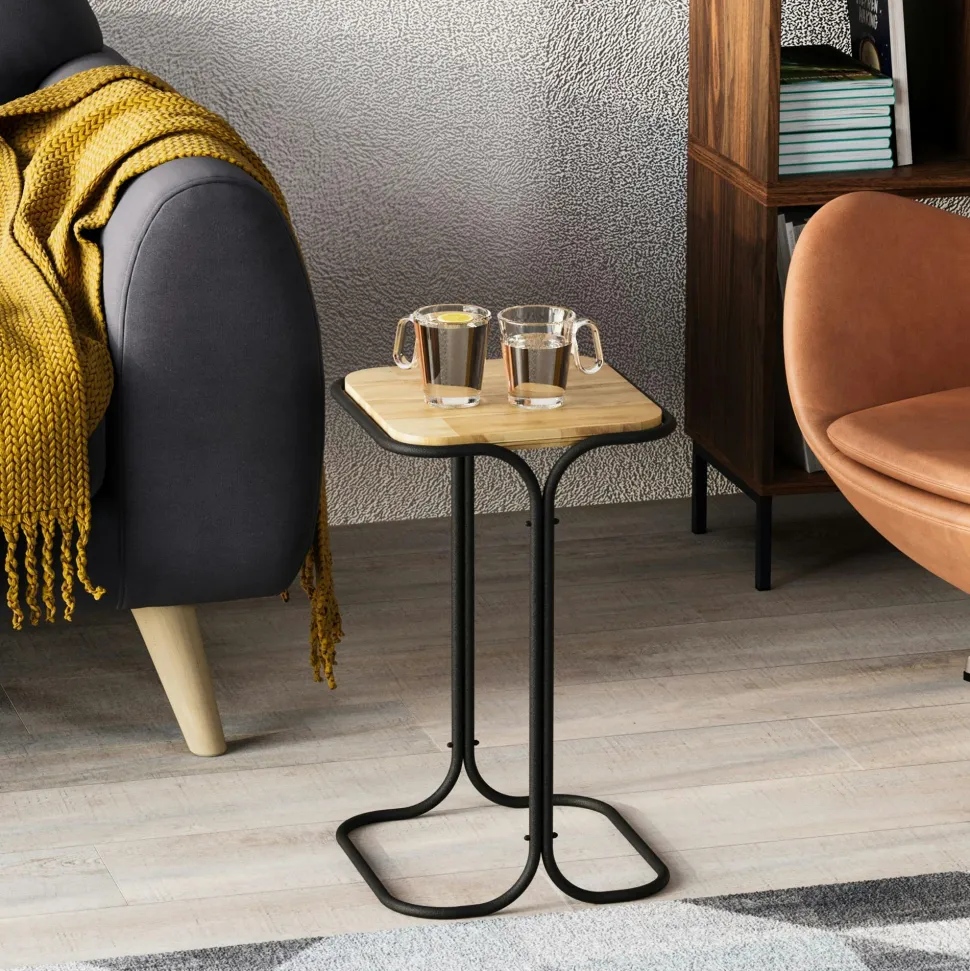 Table d'appoint noire - plateau en bois clair carré JENA