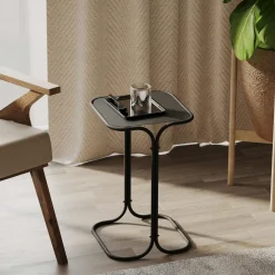Table d'appoint noire - plateau en bois clair carré JENA