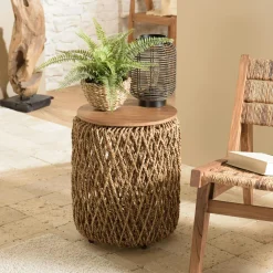 Table d'appoint ronde 49 cm fibre de coco et bois recyclé SWING
