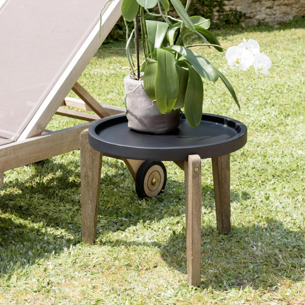 Table d'appoint ronde pour jardin béton noir mat et pieds bois HERCULE