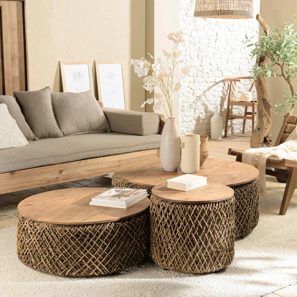 Table d'appoint ronde pour jardin bambou et béton HERCULE