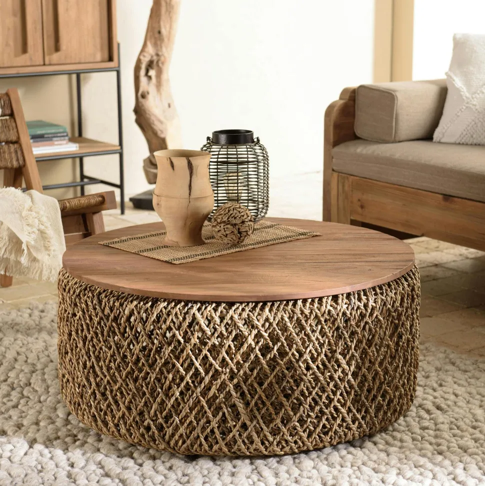 Table d'appoint ronde pour jardin bambou et béton HERCULE
