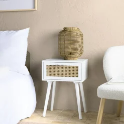 Table de chevet bois blanc 1 tiroir cannage naturel CALVIA