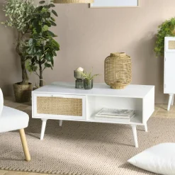 Table de salon bois blanc 2 niches 2 tiroirs rotin CALVIA