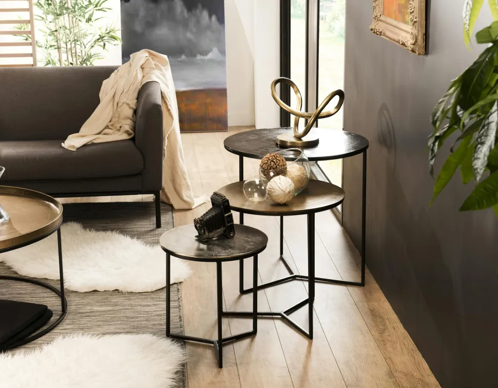 Table gigogne ronde noir or argent (lot de 3) ZALA