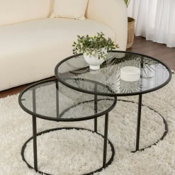 Table gigogne verre fumé - cadre noir (lot de 2) ⌀80 cm TULUM