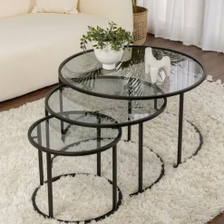 Table gigogne verre fumé - cadre noir (lot de 3) ⌀80 cm TULUM