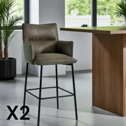 Tabouret bar bi-matière marron avec dossier (lot de 2) KERALA