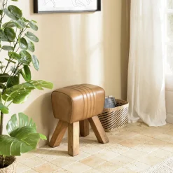 Tabouret cuir havane pieds en bois TIM
