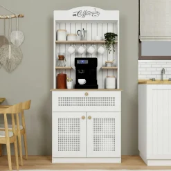 Vaisselier de cuisine blanc, cannage & niche café VAREN