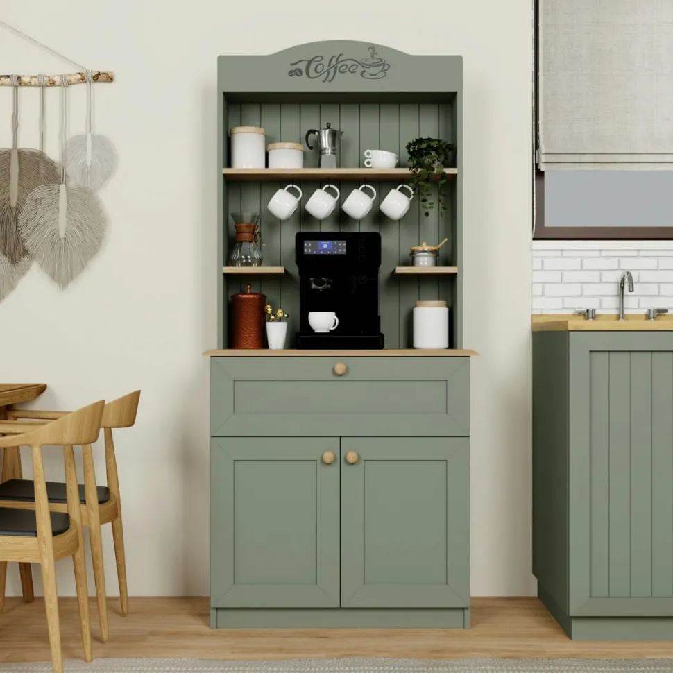 Vaisselier de cuisine vert sauge, niche machine à café VAREN